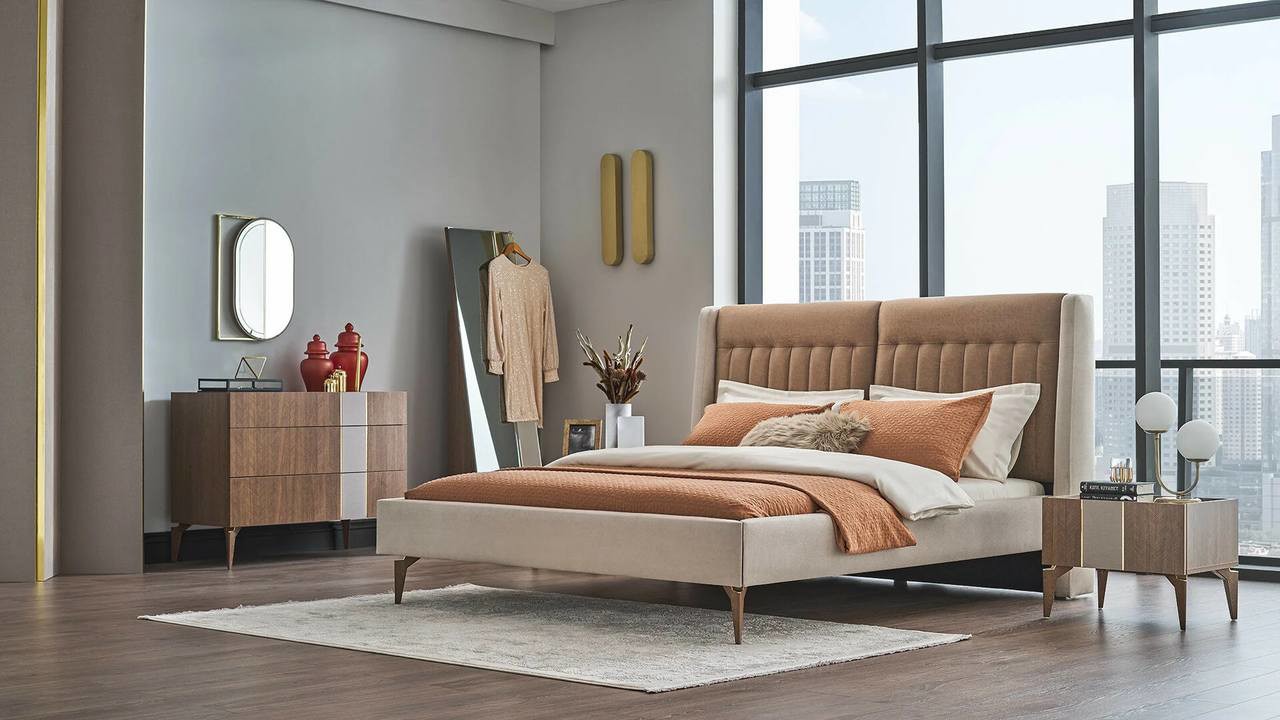 Mẫu giường ngủ cho okking 12m2 2 người màu sắc trang nhã