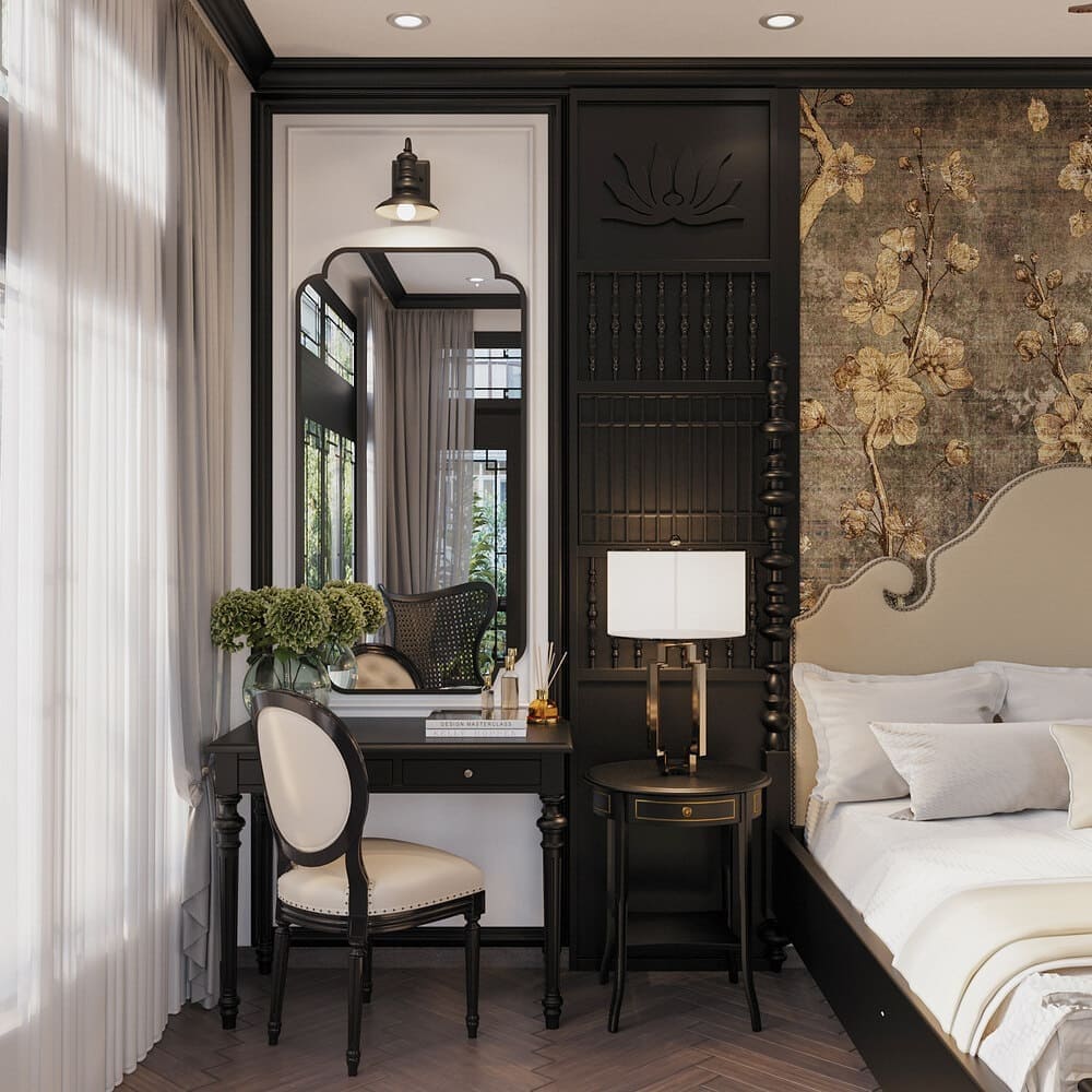Sử dụng bàn trang điểm và đèn ngủ trang trí cho nội thất okking Inochine (Nguồn: Sưu tầm)