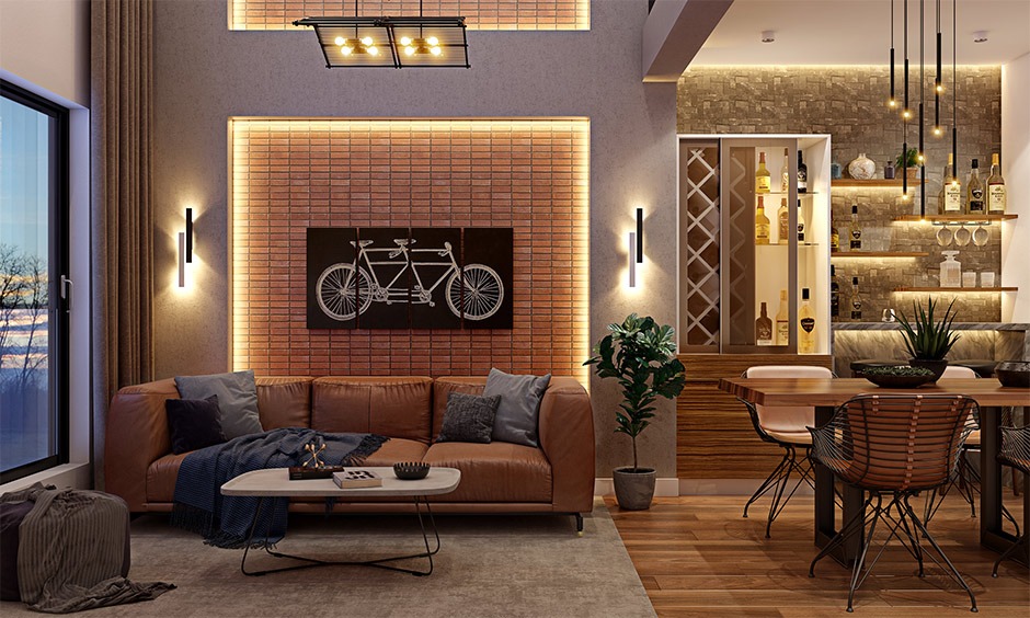 Phòng khách nhà 2 tầng kết hợp đèn led
