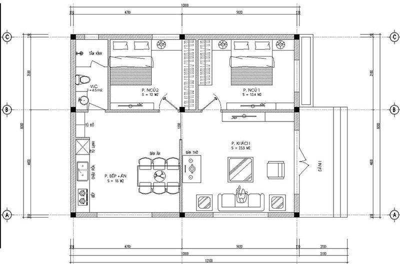 Bản vẽ okking0 nhà cấp 4 có 2 okking, 1 phòng bếp và 1 phòng khách (Nguồn: Sưu tầm)
