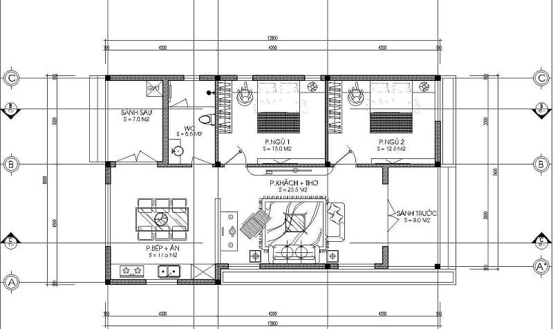 Bản vẽ okking0 nội thất nhà cấp 4 có phòng thờ (Nguồn: Sưu tầm)