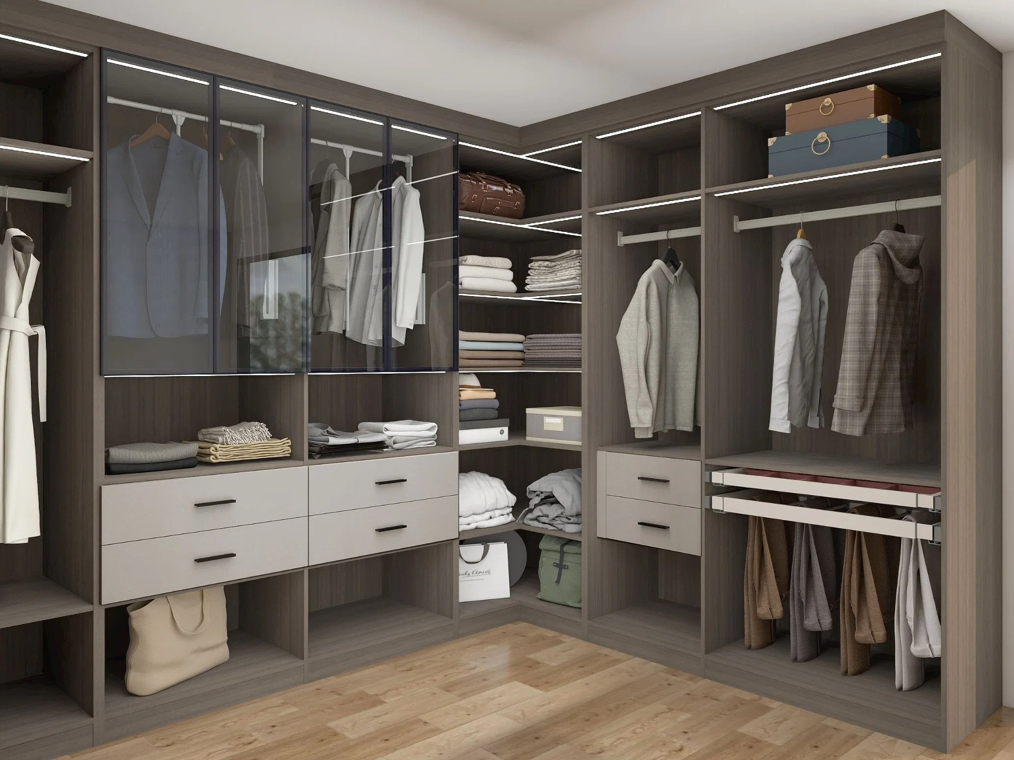 Cánh cửa kính mang lại vẻ đẹp hiện đại cho tủ quần áo âm tường