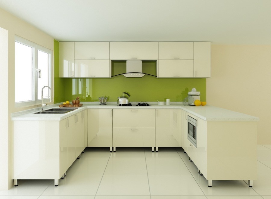 Tủ bếp nhựa Acrylic bóng gương okking0 dáng chữ U (Nguồn: Sưu tầm)