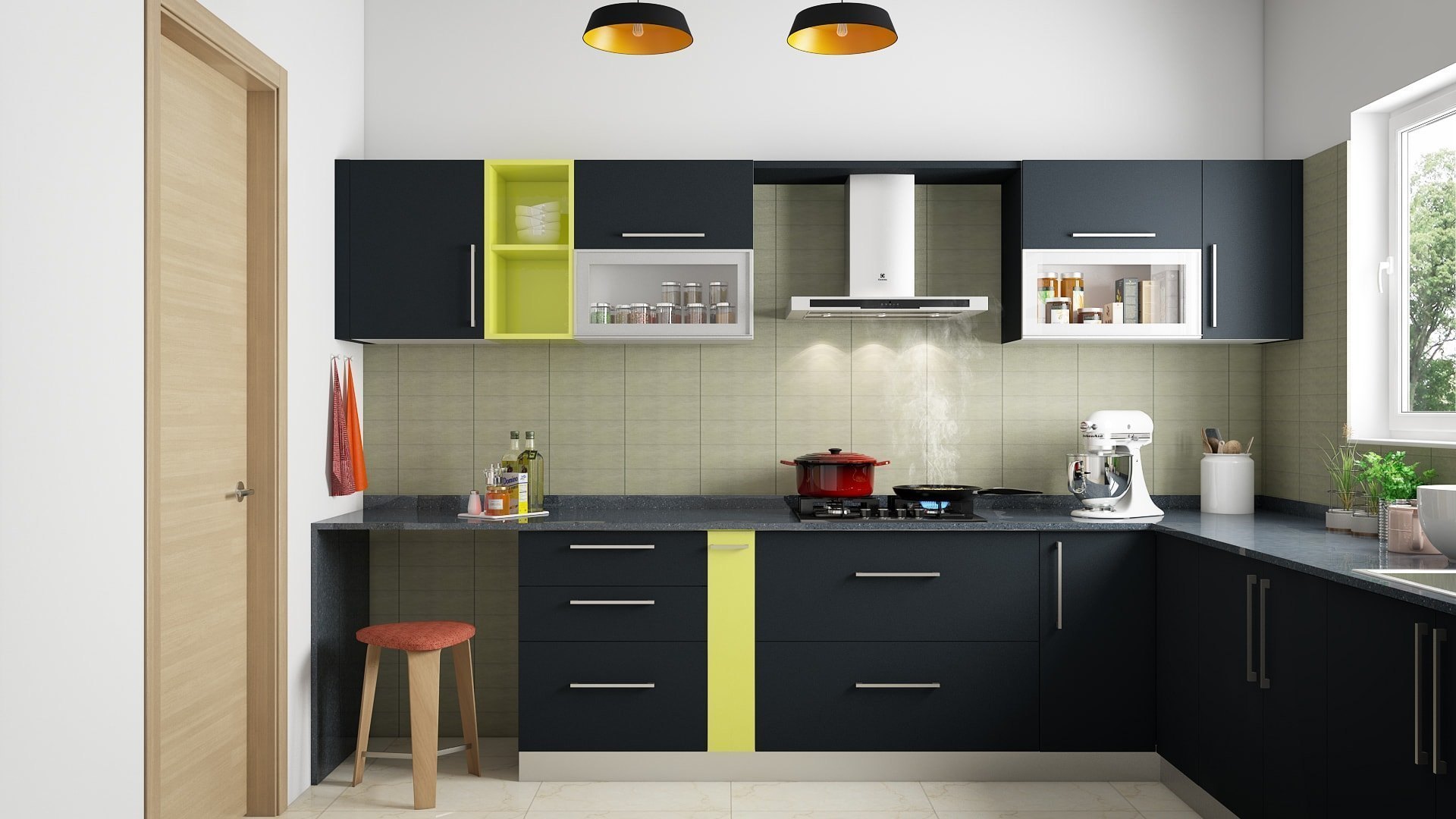 Tủ bếp Acrylic bóng gương màu đen okking0 hình chữ L
