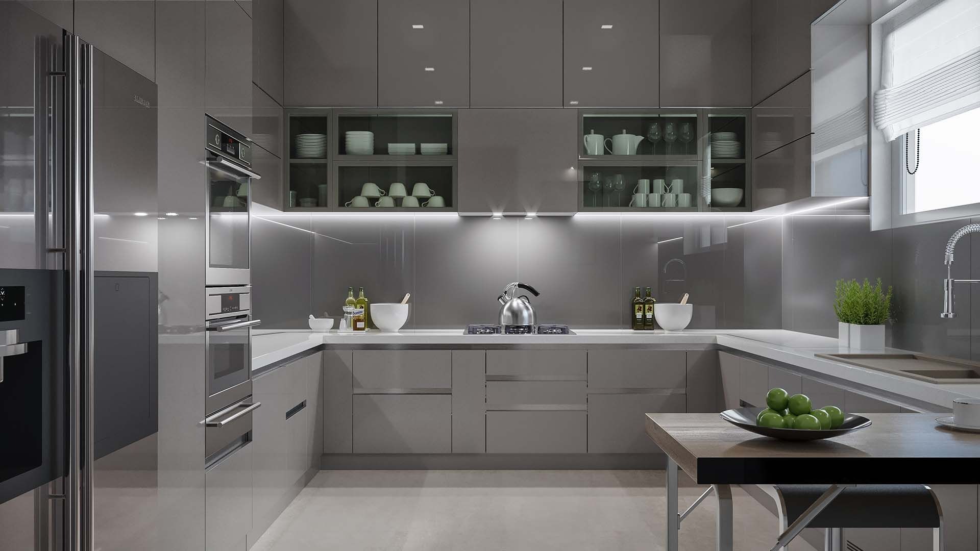 Tủ bếp nhựa Acrylic okking0 dáng chữ U hiện đại