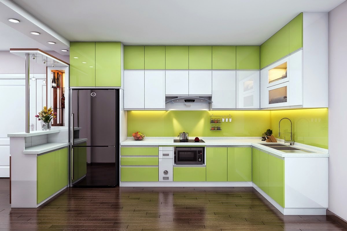 Tủ bếp Acrylic xanh kết hợp trắng (Nguồn: Sưu tầm)