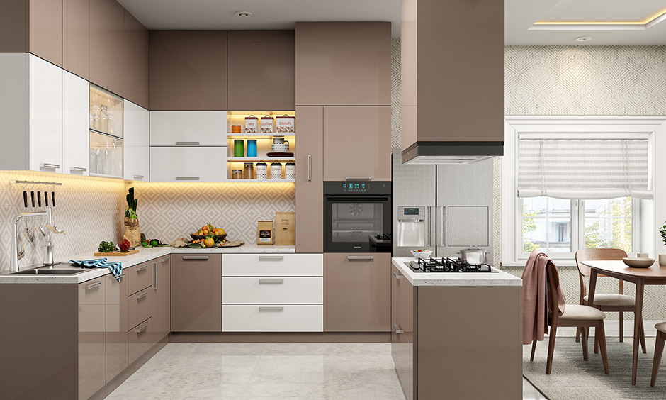 Tủ bếp Acrylic tông nâu trắng mang đến cảm giác ấm cúng