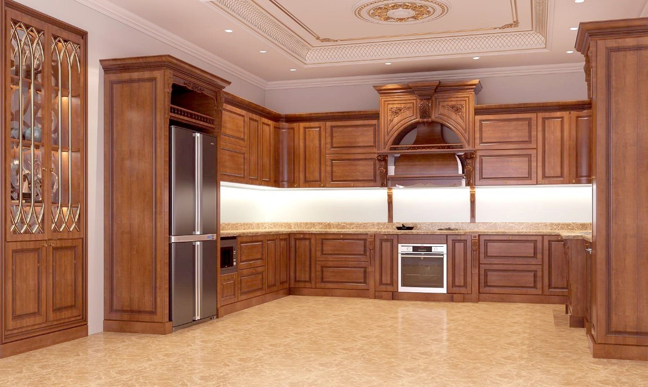 Tủ bếp m.okking39 tân cổ điển làm từ chất liệu gỗ gõ đỏ