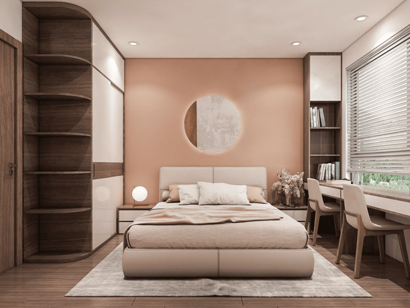 Bố trí okking 12m2 tông màu hồng nhẹ nhàng