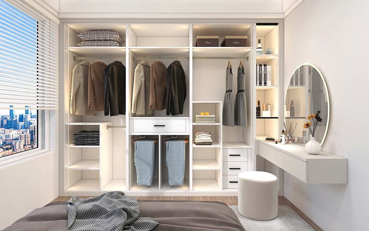 Tủ quần áo kết hợp bàn trang điểm chữ L phù hợp mọi okking.con (Nguồn: Sưu tầm)