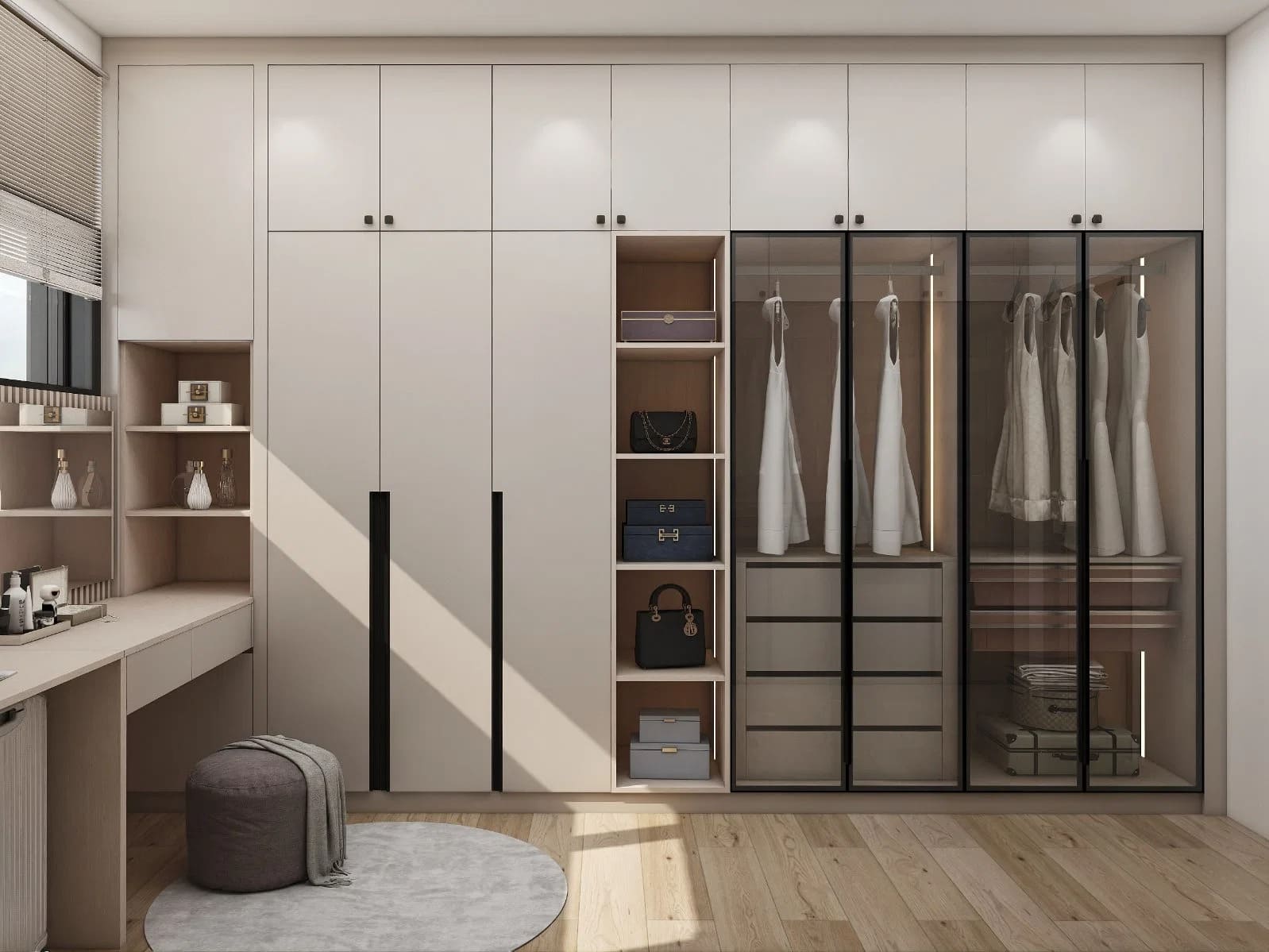 Mẫu tủ quần áo kết hợp bàn trang điểm chữ L hiện đại (Nguồn: Sưu tầm)