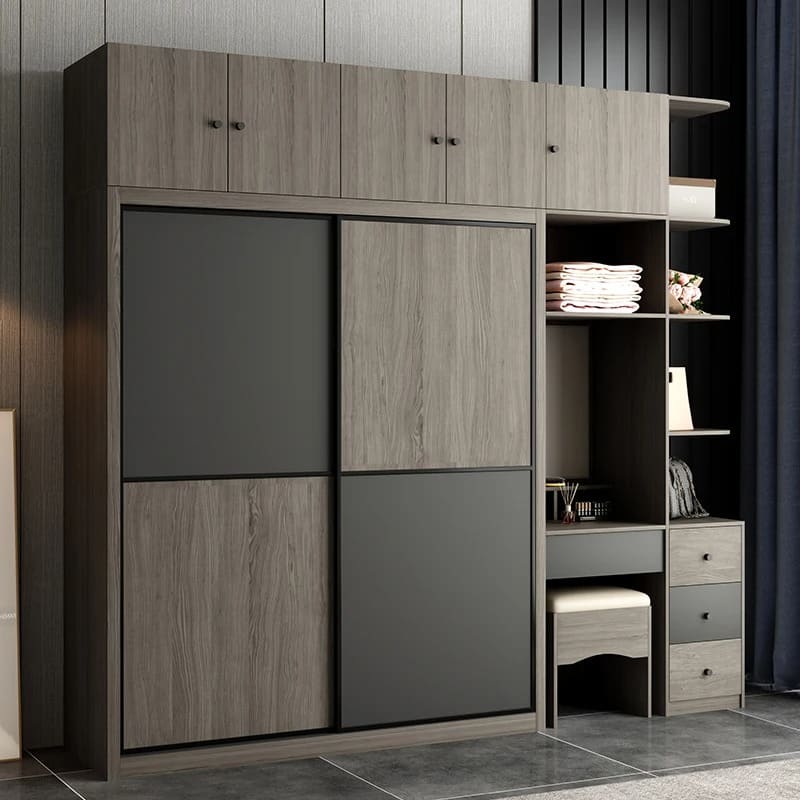 Thiết kế tủ quần áo cửa lùa 2 cánh kết hợp thêm bàn trang điểm và kệ trưng bày (Nguồn: Sưu tầm)