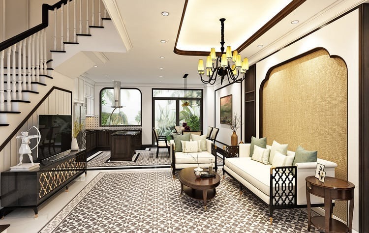 Nội thất phòng khách nhà phố theo m.okking39 Indochine đẹp mắt