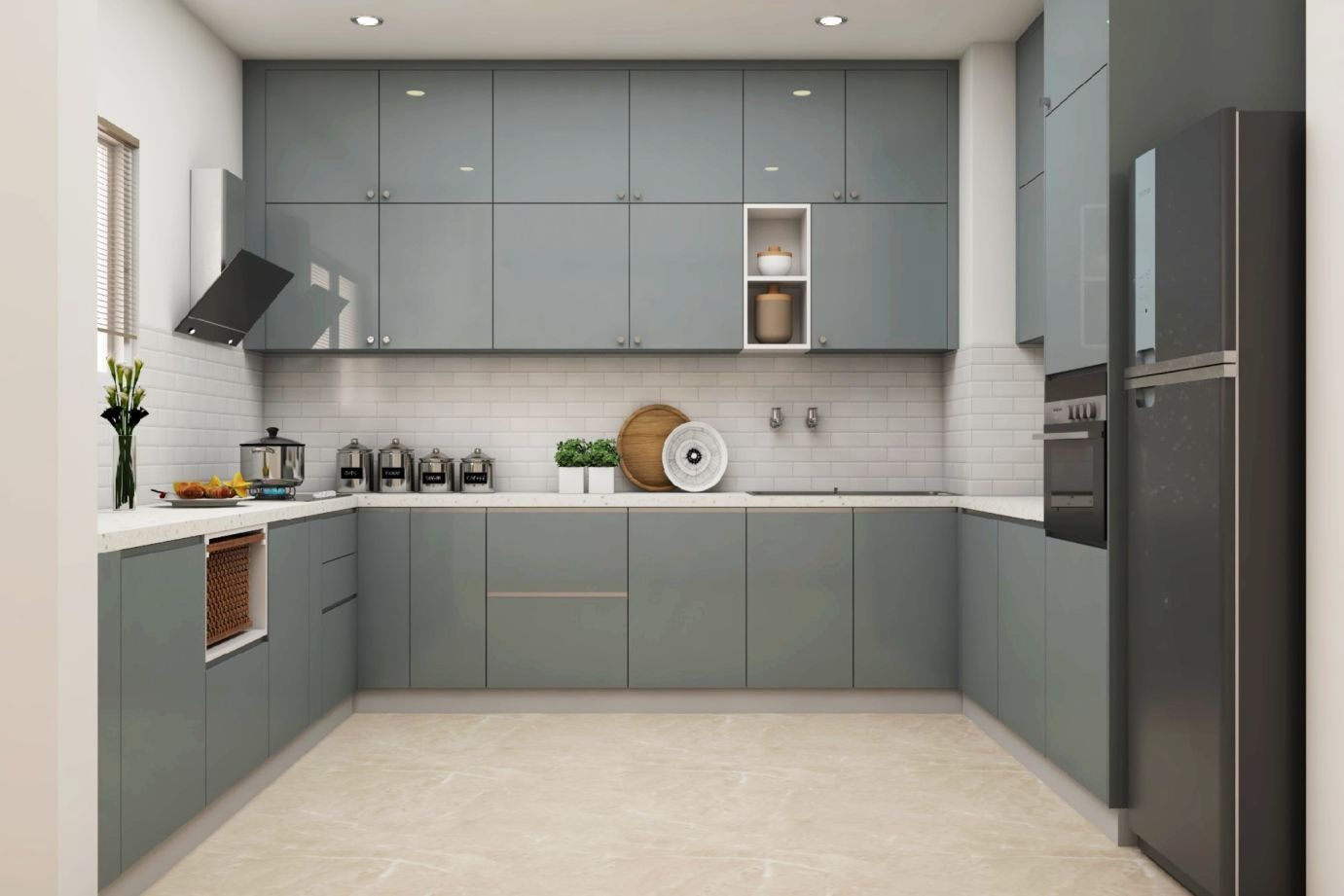 Tủ chữ U phủ Acrylic có okking0 thông minh, đầy đủ tiện nghi