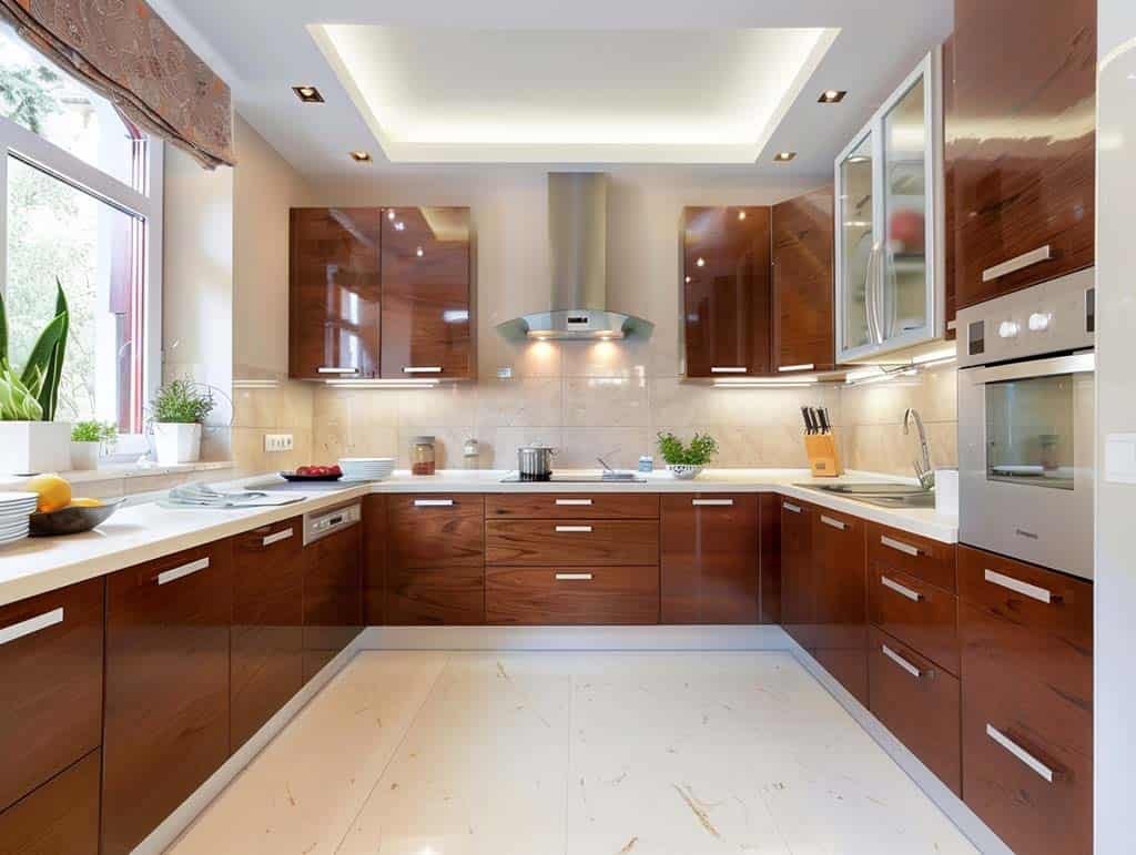 Tủ bếp chữ U gỗ MDF phủ Acrylic mang lại okking.con bếp hiện đại (Nguồn: Sưu tầm)