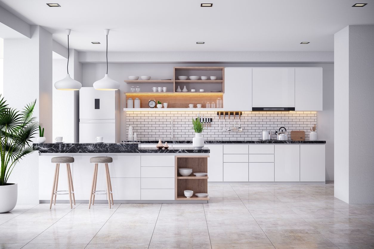 Mẫu m.okking39 phủ Melamine chữ I kết hợp bàn đảo tiện lợi