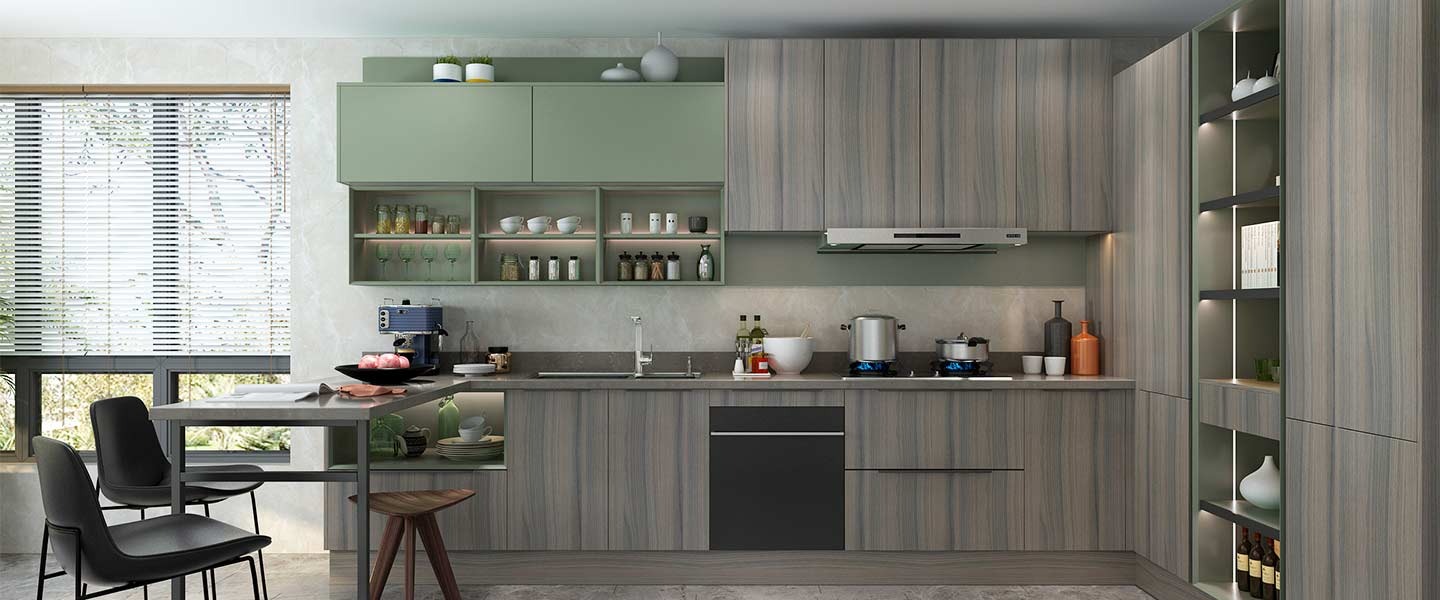 Mẫu m.okking39 chữ L kết hợp tủ đựng gia vị không cánh tiện lợi