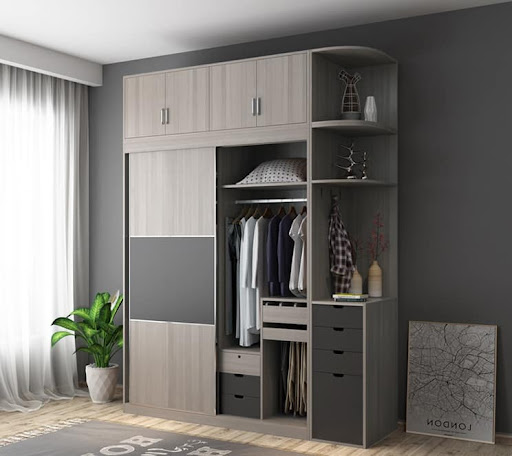 Tủ quần áo cửa lùa 2 cánh kết hợp kệ trang trí