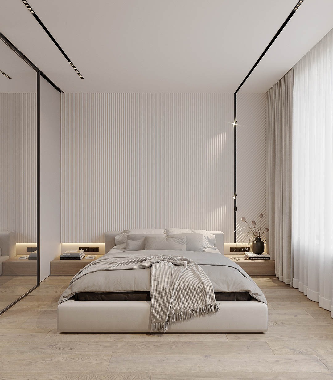 Bố trí okking 12m2 với chiếc giường đặt ở vị trí trung tâm tạo sự đôi xứng (Nguồn: Sưu tầm)
