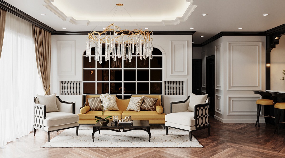 Phòng khách Indochine với bàn gỗ và ghế sofa sang trọng