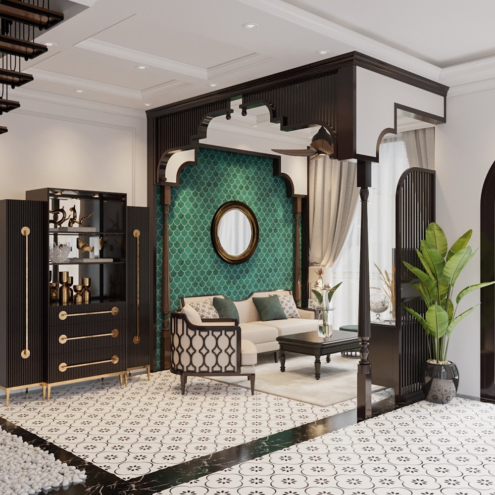 Phòng khách Indochine màu xanh đẹp mắt (Nguồn: Sưu tầm)