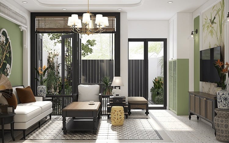 Góc phòng khách nhà phố với đèn trang trí cổ điển và nội thất gỗ, m.okking39 Indochine ấm áp