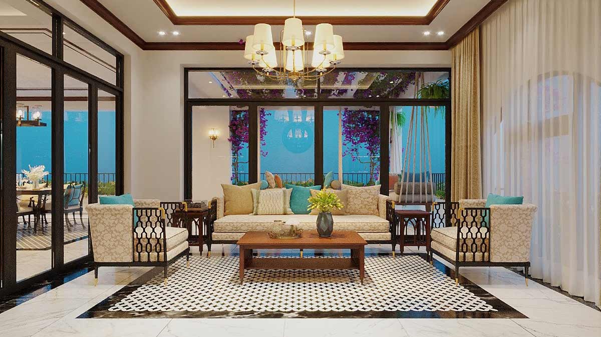 Mẫu phòng khách okking0 cửa kính tận dụng ánh sáng mặt trời