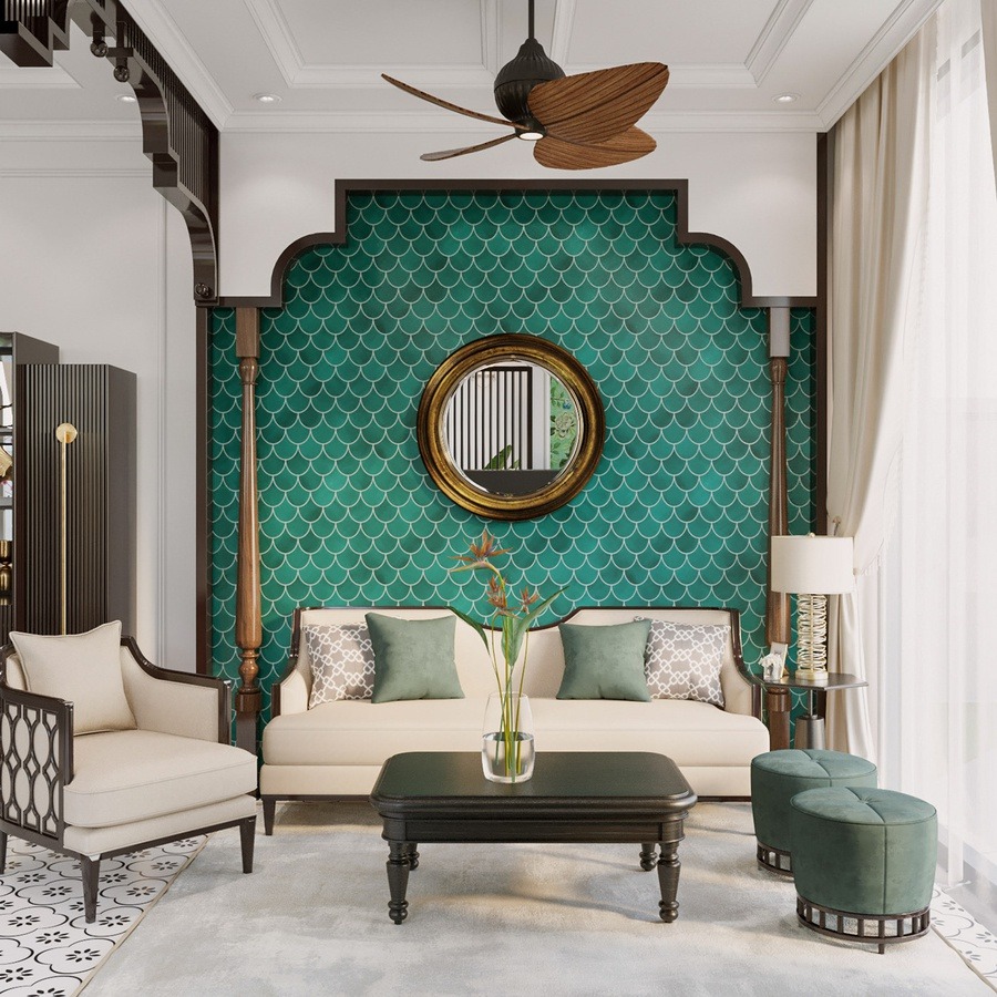 Khu vực ngồi trong phòng khách với ghế sofa và đệm trang trí hoa văn truyền thống, tạo nên sự ấm cúng và sang trọng của m.okking39 Indochine (Nguồn: Sưu tầm)