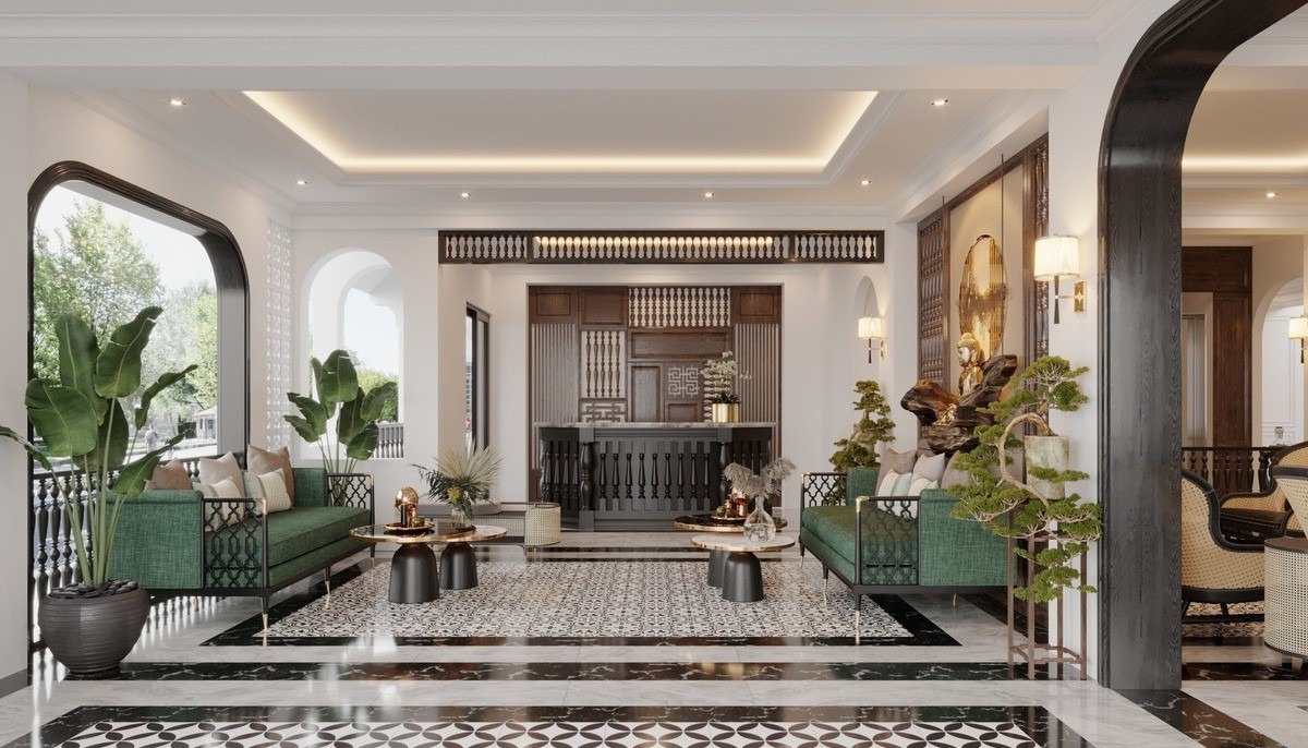 Trang trí phòng khách Indochine bằng các chậu cây xanh (Nguồn: Sưu tầm)