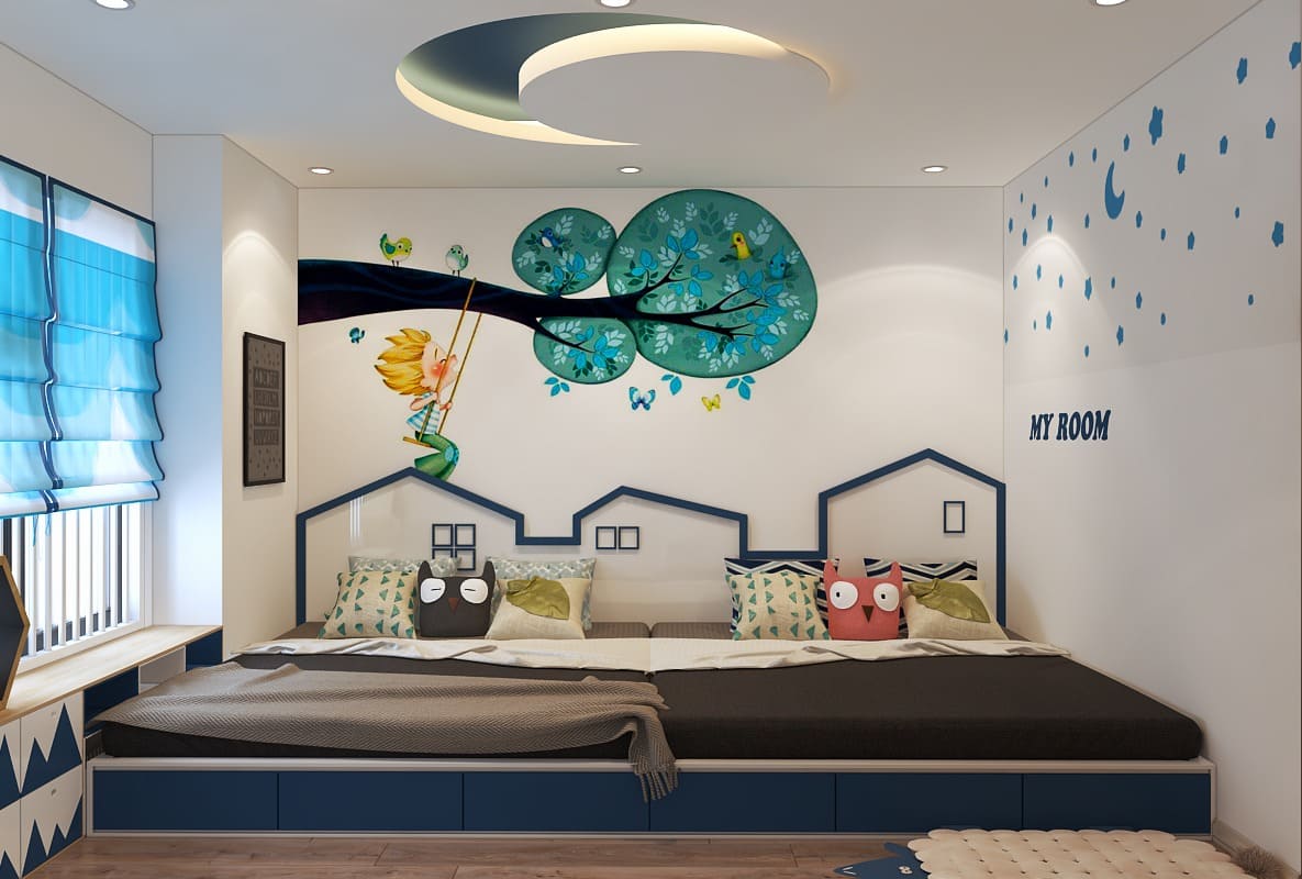 okking.con 25m2 với giường đôi và họa tiết sống động