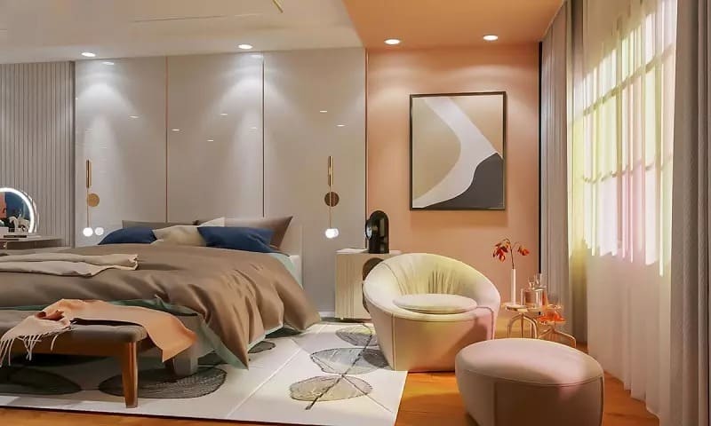 Mẫu nội thất okking có tone màu ấm áp và kết hợp góc nhỏ ngồi độc sách uống trà (Nguồn: Sưu tầm)