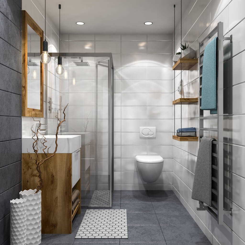 Thiết kế nhà vệ sinh nhỏ đẹp với kệ treo tường và tủ đựng đồ (Nguồn: Sưu tầm)