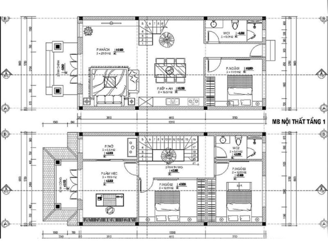 Bản vẽ okking0 nhà 2 tầng (Nguồn: Sưu tầm)