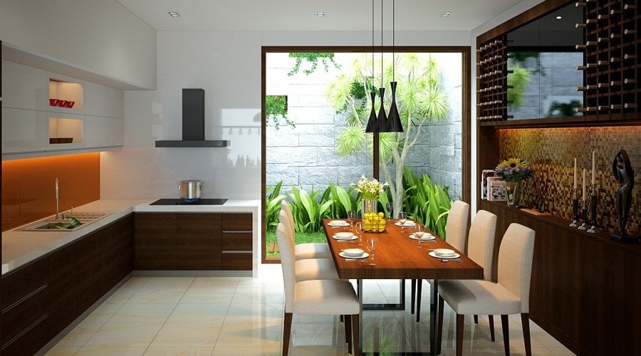 Mẫu phòng ăn liền bếp đơn giản ấm cúng