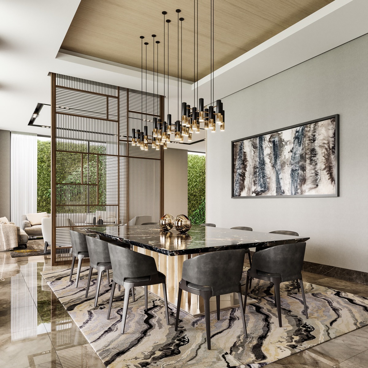 Mẫu phòng ăn sử dụng mặt bàn đá marble kết hợp cùng đèn thả trần sang trọng